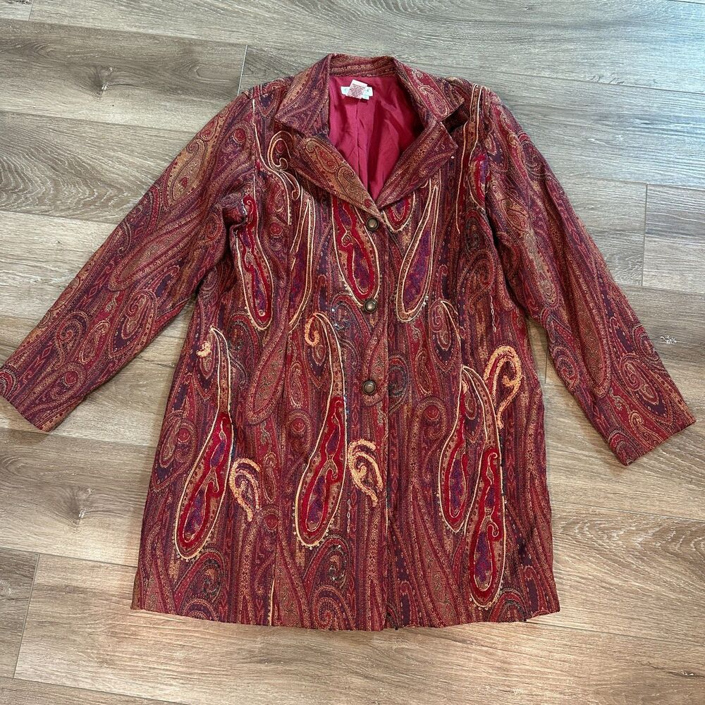 Women Red Gold Paisley Tapestry Brocade Sequin Coat Jacket Artsy Size 1X